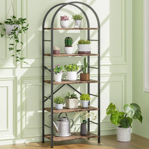 Arched Five Tier Bookshelf Tall Bookcase With Ample Storage For Books CDs And Office Essentials In Space Saving Modern Rustic Brown Finish