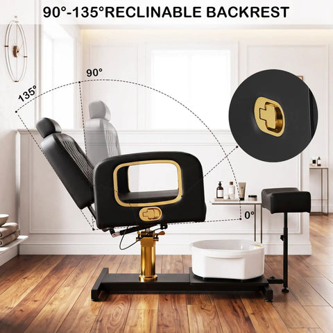 Pro Grade Hydraulic Pedicure Station For Nail Techs With Roomy Removable Foot Tub Featuring Triple Vibration Soaking Modes For Zero Hassle Plug And Play Setup Without Any Plumbing Required In Sleek Black Finish showing 90-135° reclining backrest.