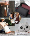 Collage showing DIY leather projects, including key rings, colored pouches, reinforced bags, and a creative animal-shaped pouch