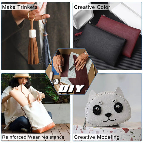 Collage showing DIY leather projects, including key rings, colored pouches, reinforced bags, and a creative animal-shaped pouch