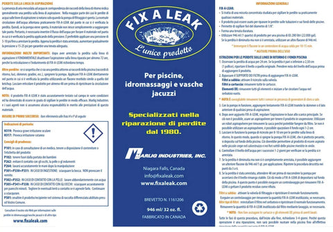 Label of Leak Sealer For Pools Spas And Hot Tubs, 32 Oz White, Easy DIY Fix Through Skimmer Or Main Drain with usage instructions.