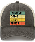 All Day Cool Unisex Trucker Cap With Adjustable Buckle Fit, "I'm Steve Doing Steve Things" colorful text design