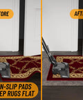Before and after using 3 Ft By 11 Ft Rug Pad With Dual Surface Felt And Rubber Grip That Grabs Rugs In Place Quarter Inch Thick Non Slip Backing For Hardwood Tile Laminate And All Floor Types Brown against a burgundy rug
