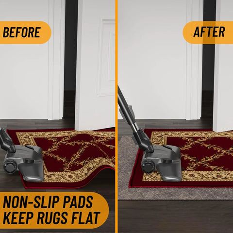 Before and after using 3 Ft By 11 Ft Rug Pad With Dual Surface Felt And Rubber Grip That Grabs Rugs In Place Quarter Inch Thick Non Slip Backing For Hardwood Tile Laminate And All Floor Types Brown against a burgundy rug
