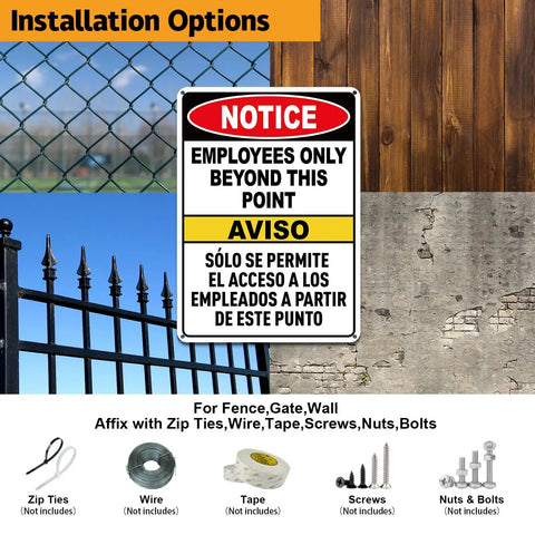 Employees Only Beyond This Point Sign Bilingual No Customers Allowed In Work Area Door Sign 10x7 Inch Aluminum on fence