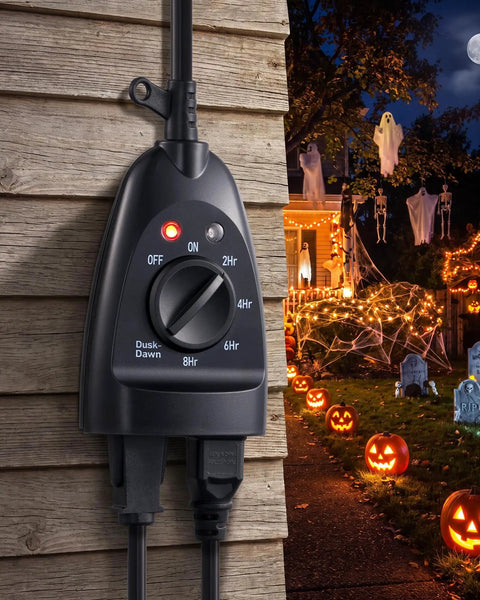 Heavy Duty Outdoor Timer Outlet Waterproof Dusk To Dawn Sensor Switch Dual Grounded Plugs for Halloween string lights and decor.