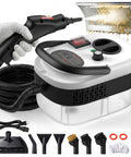Heavy Duty Handheld Steam Cleaner That Really Gets After Stubborn Grease With 2500W Heat And High Pressure Output, showing compact unit with accessories.