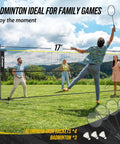 All-In-One Backyard 3-In-1 Net Set For Volleyball Badminton And Pickleball with 17ft net, people playing badminton outdoors