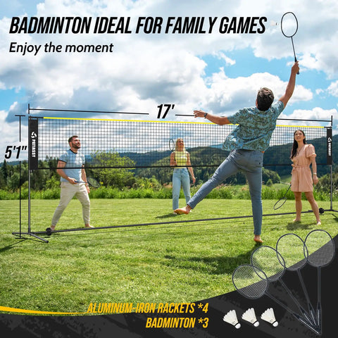 All-In-One Backyard 3-In-1 Net Set For Volleyball Badminton And Pickleball with 17ft net, people playing badminton outdoors