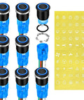 8-pack of 19mm 12V latching push button switch with blue LED light, waterproof marine grade bezel mount, with symbol labels