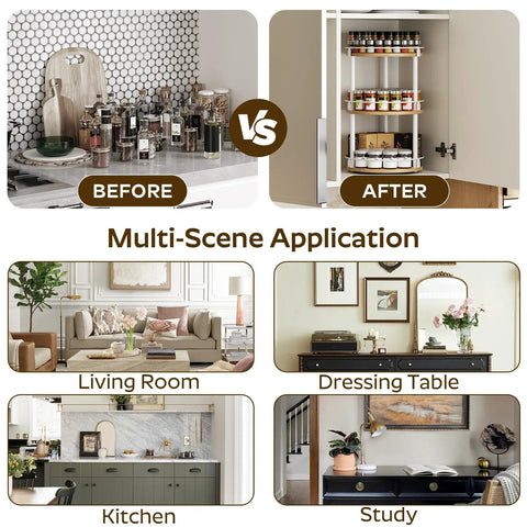 Three Tier Lazy Susan Rotating Spice Rack Featuring Smooth Ball Bearing Turntable System For Hassle Free Pantry Access White Natural Wood Countertop Organizer before and after comparison image