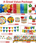 Complete Building Block Birthday Bash Decor Kit In One Box with colorful foil balloons, buntings, tableware, and vibrant decorations.