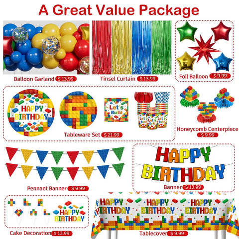 Complete Building Block Birthday Bash Decor Kit In One Box with colorful foil balloons, buntings, tableware, and vibrant decorations.
