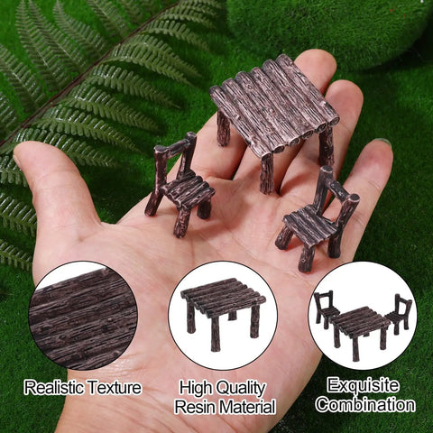 Hand holding miniature chairs and table from Ten Piece Fairy Garden Furniture Set Resin Miniatures With Hand Painted Tables Chairs And Benches For Village Homes Micro Landscape Decoration DIY Craft Gifts
