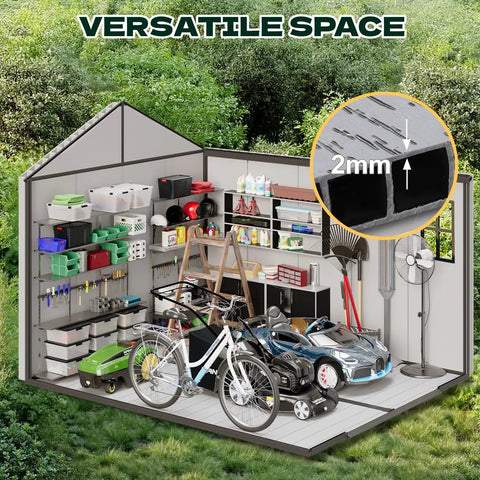 8 X 10 Ft Resin Outdoor Storage Shed With Floor, Windows And Lockable Door, wood-grain exterior, bikes and tools inside