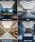 Hexagonal LED Garage Light Kit 71 Pack Mega Bright 710W 78100LM Energy Efficient Honeycomb Ceiling Lights in various settings