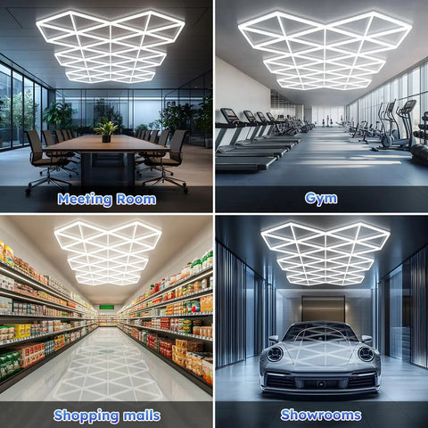 Hexagonal LED Garage Light Kit 71 Pack Mega Bright 710W 78100LM Energy Efficient Honeycomb Ceiling Lights in various settings
