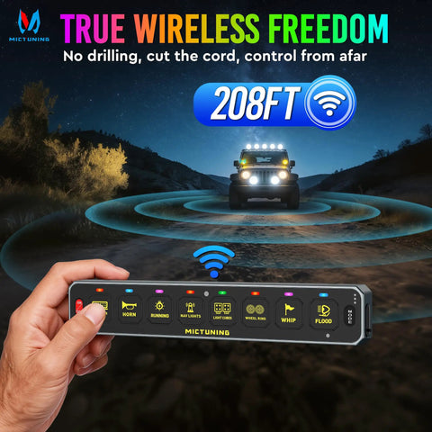Hand holding 8 Gang Wireless Switch Panel for Off Road Trucks No Drill Slim Design with 208 Feet Range in dark landscape
