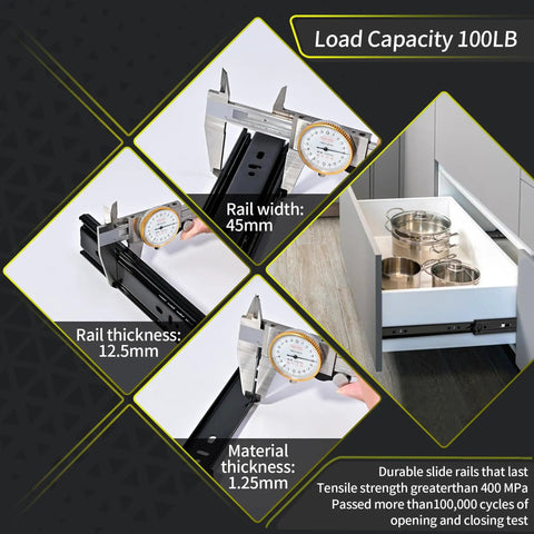 Heavy Duty 12 Inch Soft Close Drawer Slides Full Extension Ball Bearing Black Two Pair Set With 100 Pound Load Capacity Smooth Quiet Operation For Kitchen Cabinets And Furniture Durable Steel Rails, showing measurements and installed view.