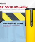 Close-up of yellow post showing belt locking mechanism, part of Two Pack Stanchion Belt Barrier Set With 11 Foot Retractable Belts.