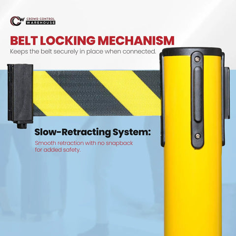 Close-up of yellow post showing belt locking mechanism, part of Two Pack Stanchion Belt Barrier Set With 11 Foot Retractable Belts.