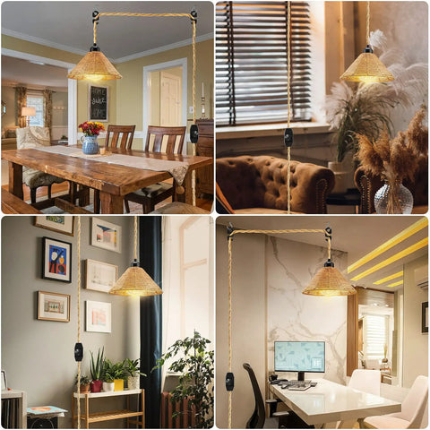 Boho Plug In Pendant Light With Dimmable Bulb And Switch, hand woven hemp rope design in dining, living, workspace settings
