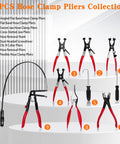 Beefy 9 Piece Hose Clamp Pliers Set With Long Reach Cabled Pliers displayed with Swivel Jaw and Clic R Collar Pliers