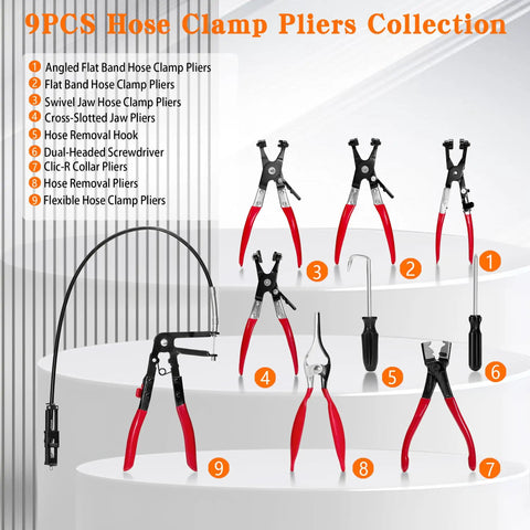 Beefy 9 Piece Hose Clamp Pliers Set With Long Reach Cabled Pliers displayed with Swivel Jaw and Clic R Collar Pliers