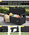 80 Gallon Outdoor Storage Bench With Armrest Lockable Deck Box For Patio Garden And Poolside Waterproof And UV Resistant Heavy Duty 550 Lb Capacity Hidden Storage Seat Black open with blankets inside, showing lockable design and armrests.