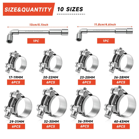Pro Grade T-Bolt Hose Clamps Assortment Kit Features 50 Pieces Of Premium 304 Stainless Steel Spanning Eight Sizes From 0.67 To 1.69 Inches Includes Dual Installation Wrenches.