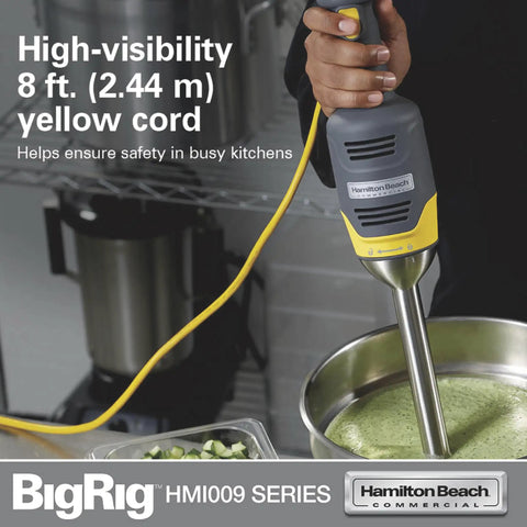 Built Different Compact Immersion Blender With 9 Inch Shaft Killer 250 Watt Motor For Silky Purees Variable Speed Hand Blender Nsf Certified No Fuss Cleaning For Hot Soup Up To 3 Gallons with yellow cord in busy kitchen.