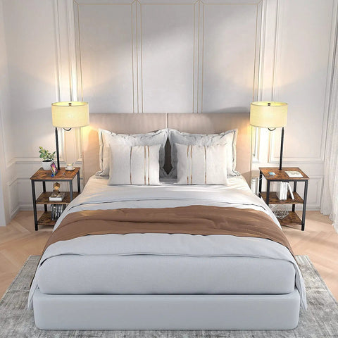 Bedroom with two Industrial Floor Lamp With End Table And USB Port Charging Station Power Outlet Built In Rustic Nightstand With Shelves