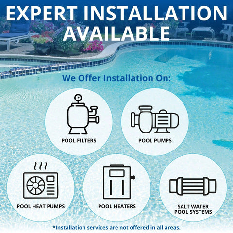 SuperFlo 1HP EC pool pump front view; installation services shown with icons for filters, pumps, heat pumps, heaters.