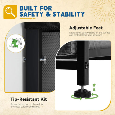 Built-in adjustable feet and tip-resistant kit of Four Drawer Fabric Storage Tower With Steel Frame And Wooden Top Built Tough.