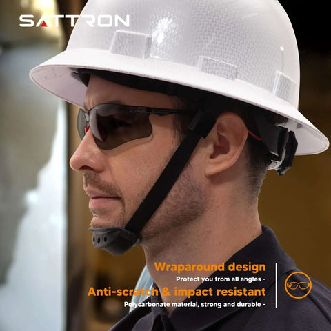 Man wearing Tinted Safety Glasses 24 Pack Bulk For Men And Women Eye Protection With UV Shield ANSI Z87.1 Scratch Resistant Eyewear