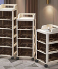Multitasking Rolling Storage Cart With Sturdy Plastic Drawers And Smooth Gliding Swivel Wheels displayed in a modern room setup.