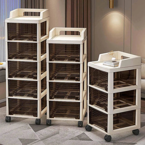 Multitasking Rolling Storage Cart With Sturdy Plastic Drawers And Smooth Gliding Swivel Wheels displayed in a modern room setup.