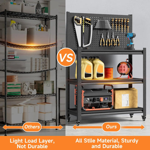 Comparison of shelving unit and Heavy Duty Steel Workbench With Pegboard On Wheels For Garage And Workshop Built Tough Adjustable Height Tool Table Rugged Metal Work Bench 48 Inch By 34 Inch By 18 Inch Black.