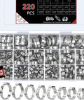 Box of Heavy Duty Stainless Steel Ear Clamps Set 220 Pcs With 16 Sizes 5.3 To 31.1 mm Stepless Adjustable Crimp Clamps