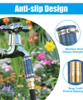 Installed blue universal faucet hose adapter with silicone sleeve and stainless steel clamps on an outdoor faucet.