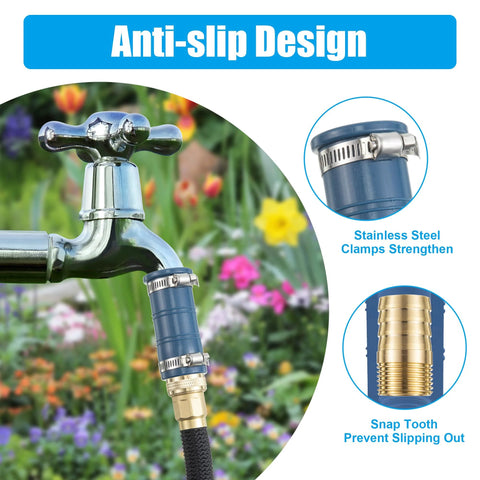 Installed blue universal faucet hose adapter with silicone sleeve and stainless steel clamps on an outdoor faucet.