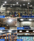 Image of UFO LED High Bay Light 150W 16500 Lumens 5000K illuminating factory, workshop, garage, warehouse, and shop areas.