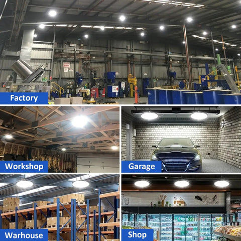 Image of UFO LED High Bay Light 150W 16500 Lumens 5000K illuminating factory, workshop, garage, warehouse, and shop areas.