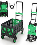 Front view of green and black 2-in-1 folding hand truck with foldable basket, four wheels and retractable handle