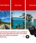 Badass Carbon Fiber 1/4 Inch Motorcycle Seat Bolts knurled design next to scenic views of Beartooth Highway, Lake Tahoe, and Florida Keys.