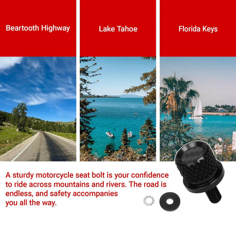 Badass Carbon Fiber 1/4 Inch Motorcycle Seat Bolts knurled design next to scenic views of Beartooth Highway, Lake Tahoe, and Florida Keys.