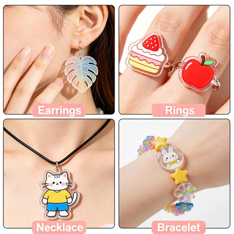 161 Piece Shrink Plastic Keychain Making Kit With 30 Sheets features earrings, rings, necklace, bracelet with cute designs.