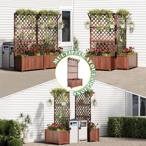 Raised Garden Bed With Trellis For Veggies And Climbing Plants, Durable Natural Wood Planter Box With Drainage Holes