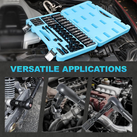 50 Piece 3/8 Inch Drive Socket Set With Both SAE And Metric, 6 Point Deep And Shallow Sockets, shown with versatile applications