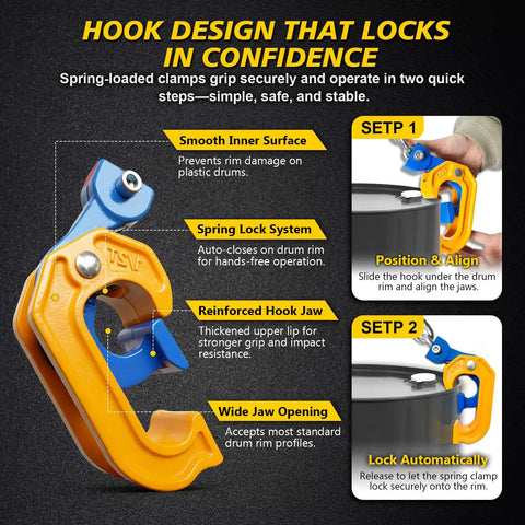 Heavy Duty Chain Drum Lifter Handles 2200 Lbs Vertical Barrel Clamp with spring lock hook design for secure grip.
